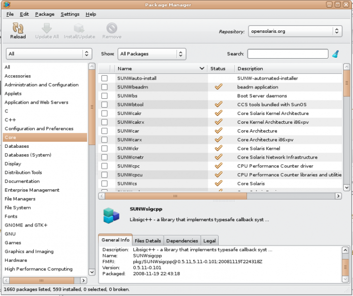 The OpenSolaris Package manager. Quite quick (10 seconds) to start, quite snappy to use. I believe it's one of the better graphical package managers I've seen...